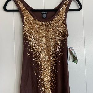 Brown tank shirt with gold sequence size large .